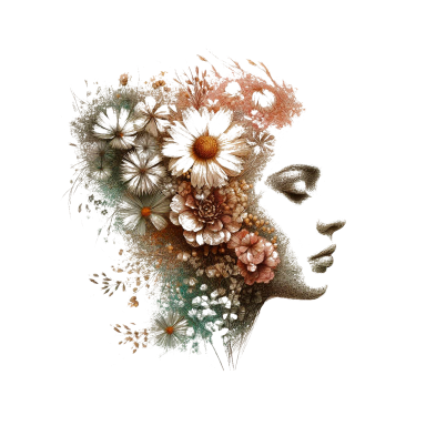 Perfil de mujer con flores y plantas decorando su cabello.