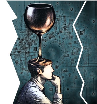 Hombre pensativo con una copa sobre su cabeza, rodeado de un fondo abstracto digital.