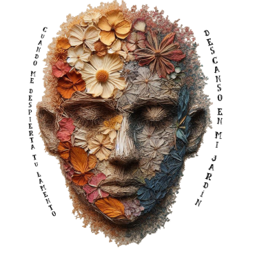 Cabeza humana adornada con flores y colores, titulada "Descanso en mi jardín".