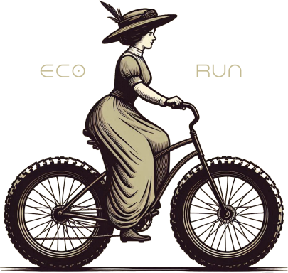 Mujer con vestido antiguo montando una bicicleta moderna, texto "ECO RUN" arriba.